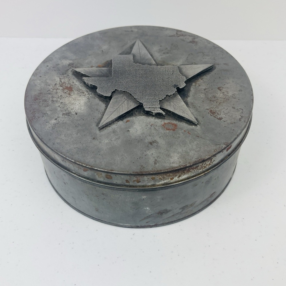 Vintage METZKE Pewter 6 Inch Round Cookie Tin State of Texas Star Heavy Top